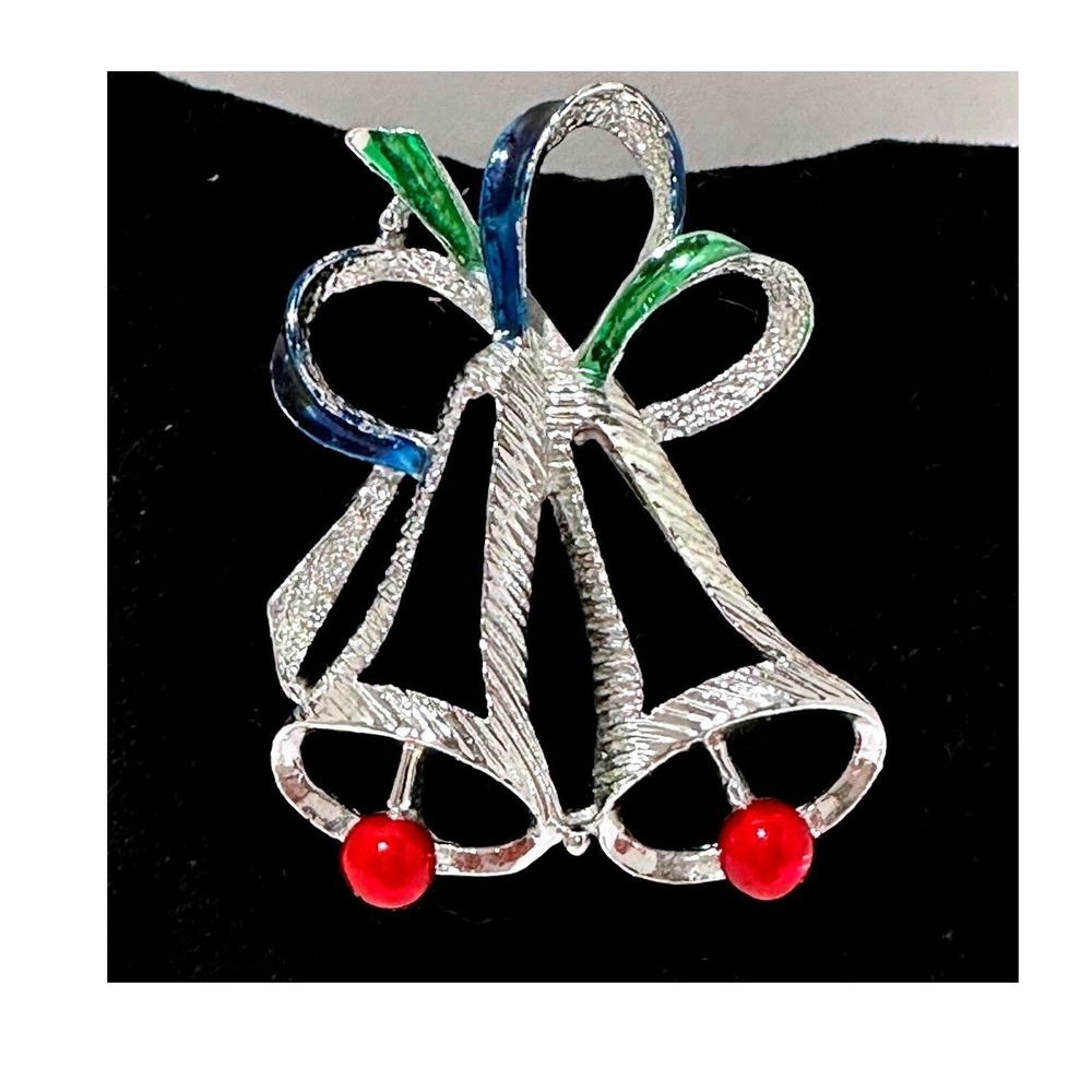 VTG Christmas Bells‎ Brooch Holiday Pin Red Bead Silver Tone Festive Jewelry
